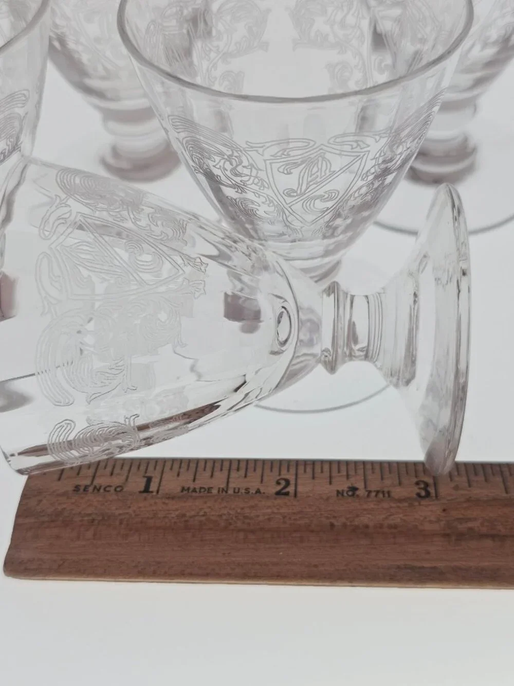 5 Antique Victorian Crest Shot Glass Mini Goblet etched heraldic 2.5